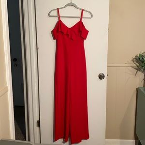 Red off the shoulder sleeve romper!